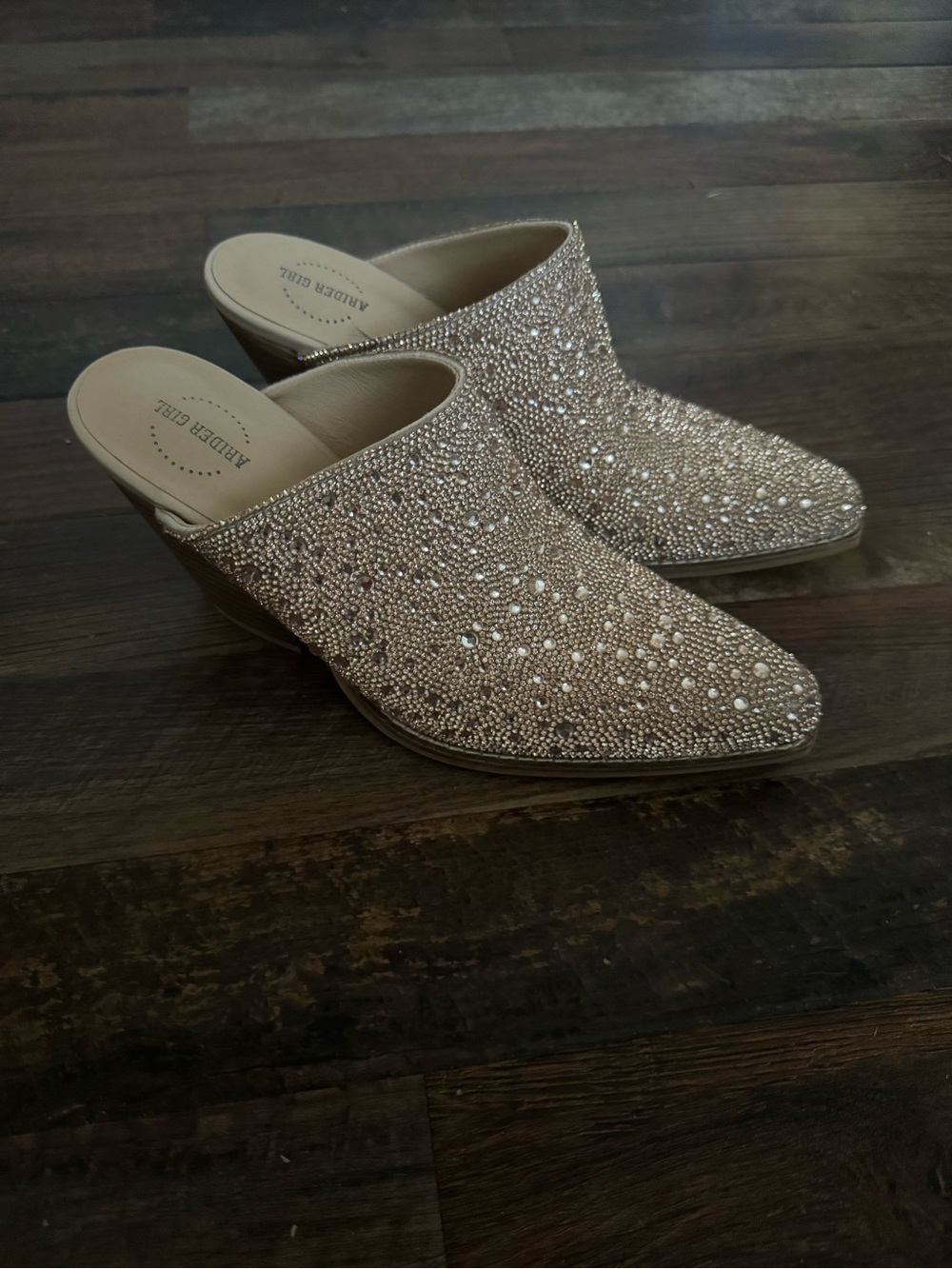 Arider girl  Crystal Embellished Champagne Mule Heels